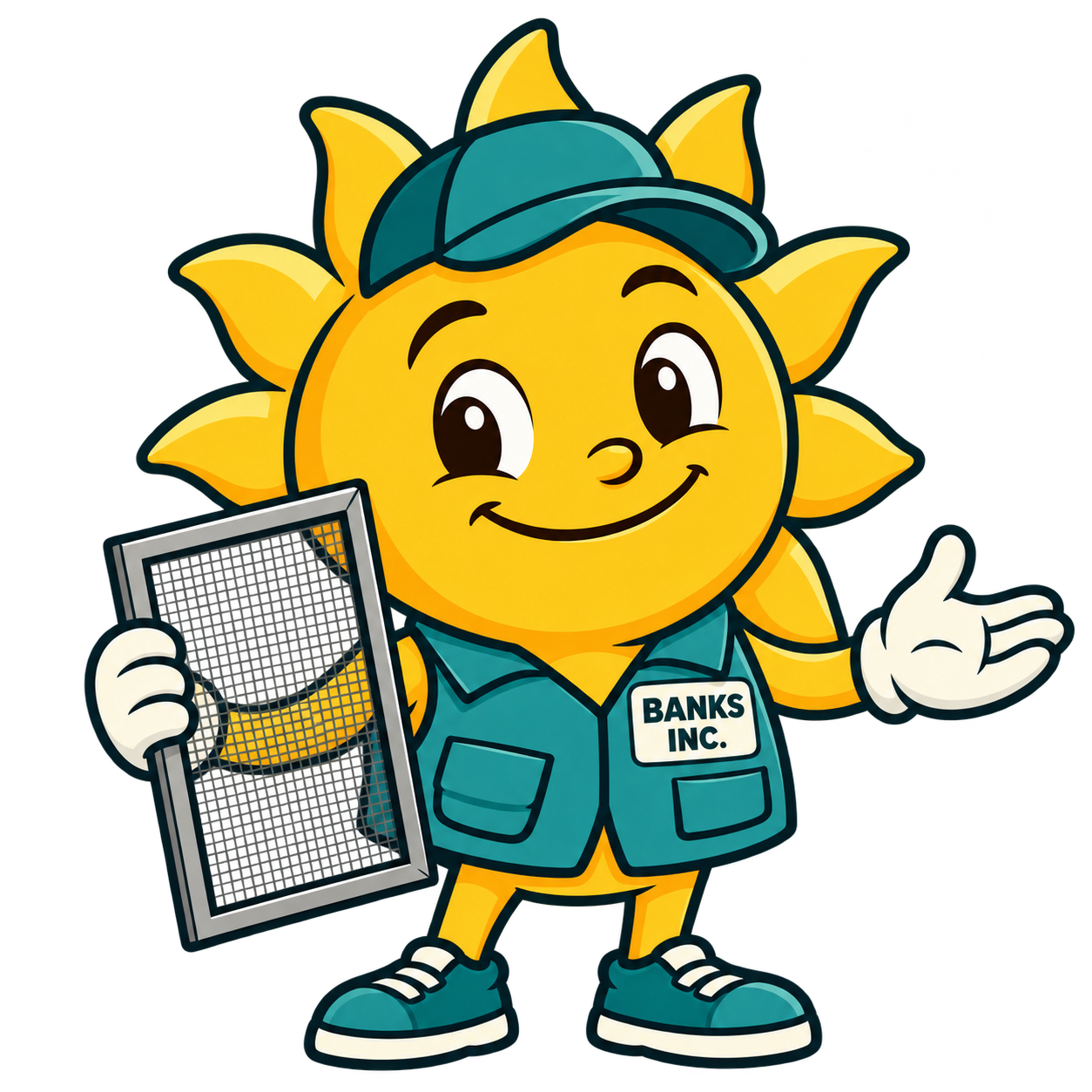 Sunny, Banks Inc.’s smiling sun mascot in a teal work vest, holding a window screen